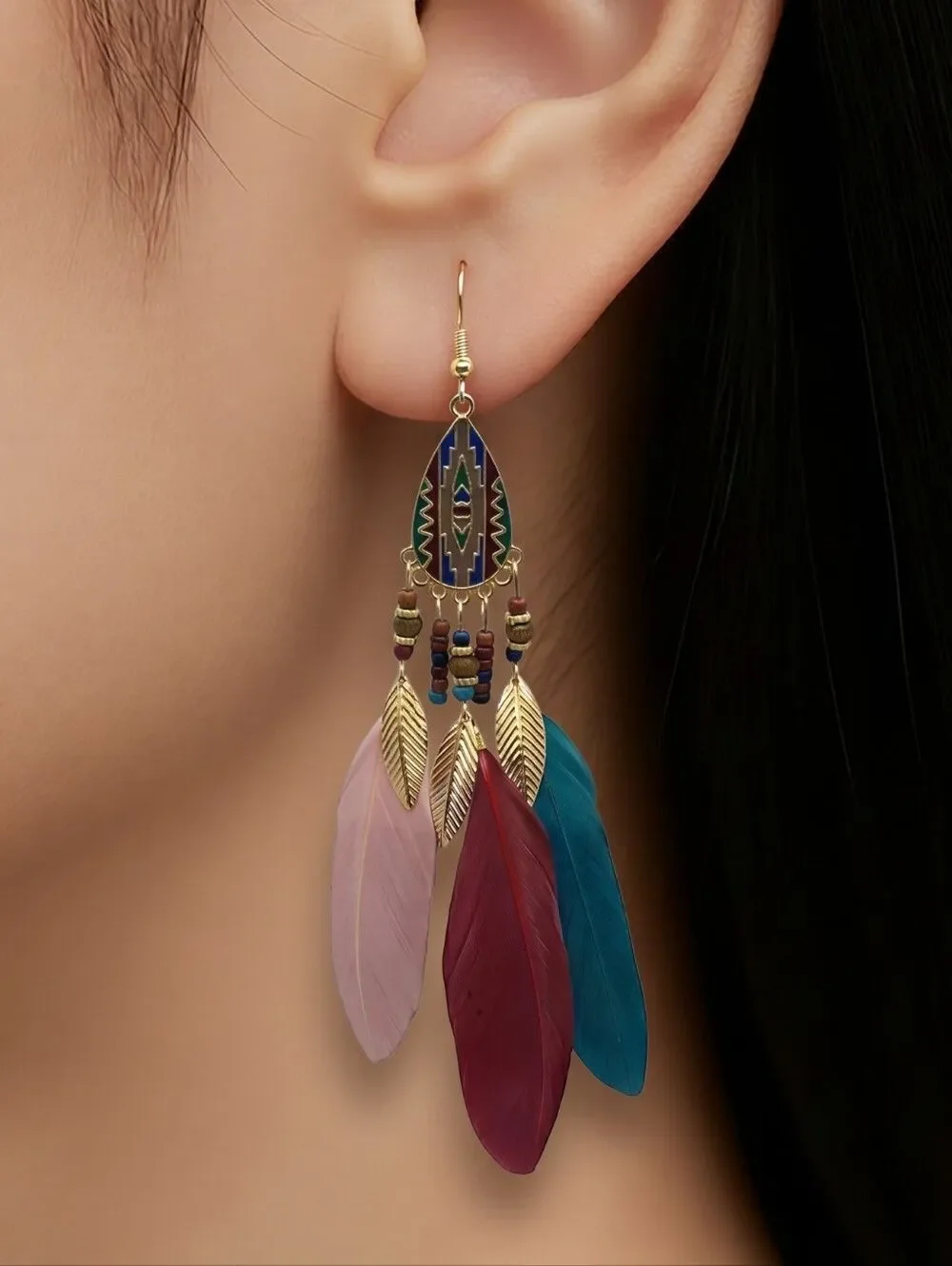 Burgundy Feather Tassel Earrings Boho Tribal Festival Dangle Gypsy Soul Rustic